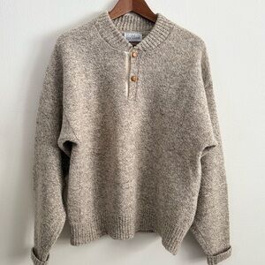 Vintage 80s J.J. Cochran Wool Henley Sweater Oatmeal Chunky Knit L